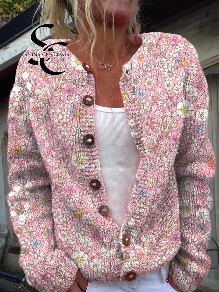 Women's Vintage Floral Art Print Buttoned Cardigan Sweater