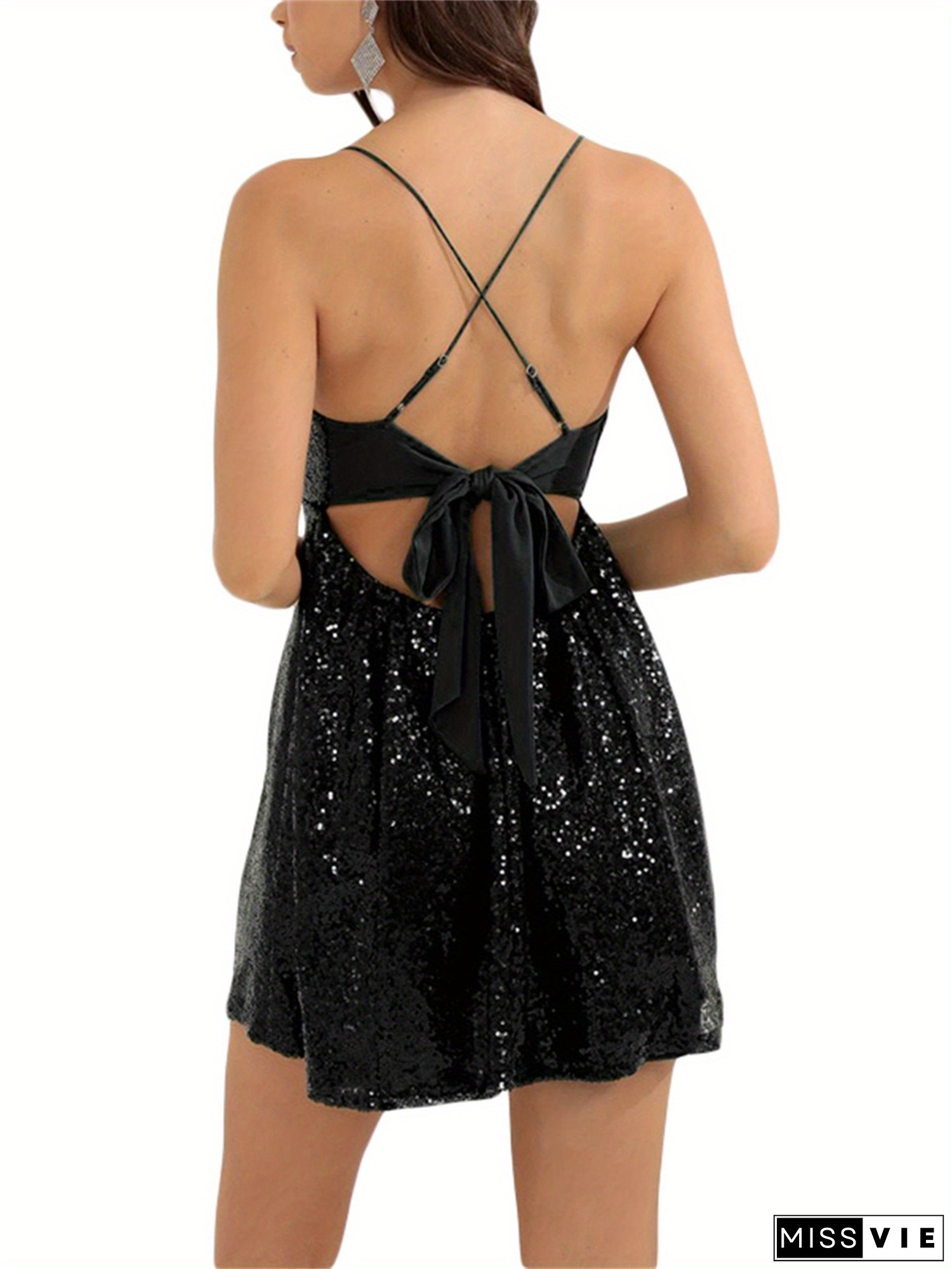 Women's Vintage Elegant Sleeveless Backless Cross-Tie Waist Mini Dress with Sparkling Sequins - Spaghetti Strap Party Clubwear for Summer Night Out, Evening Wear, Sophisticated Craftsmanship