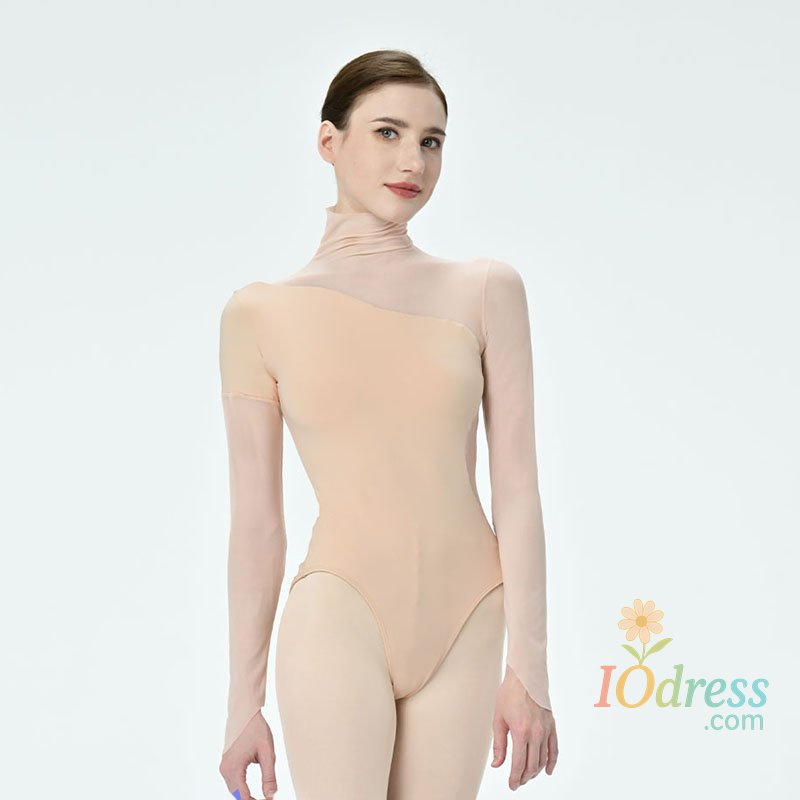 IO Dress New Women Ballet Leotards Slant collar and shoulder trackless Gymnastics Dance Leotard Long sleeve Mesh Splice Ballet Bodysuit