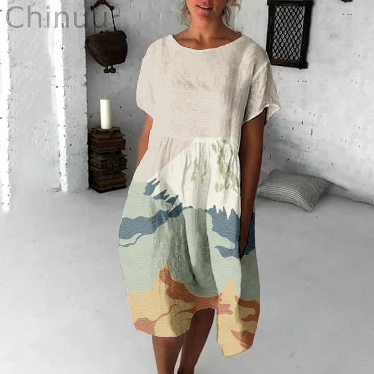 Vintage Japanese Art Flowy Midi Dress
