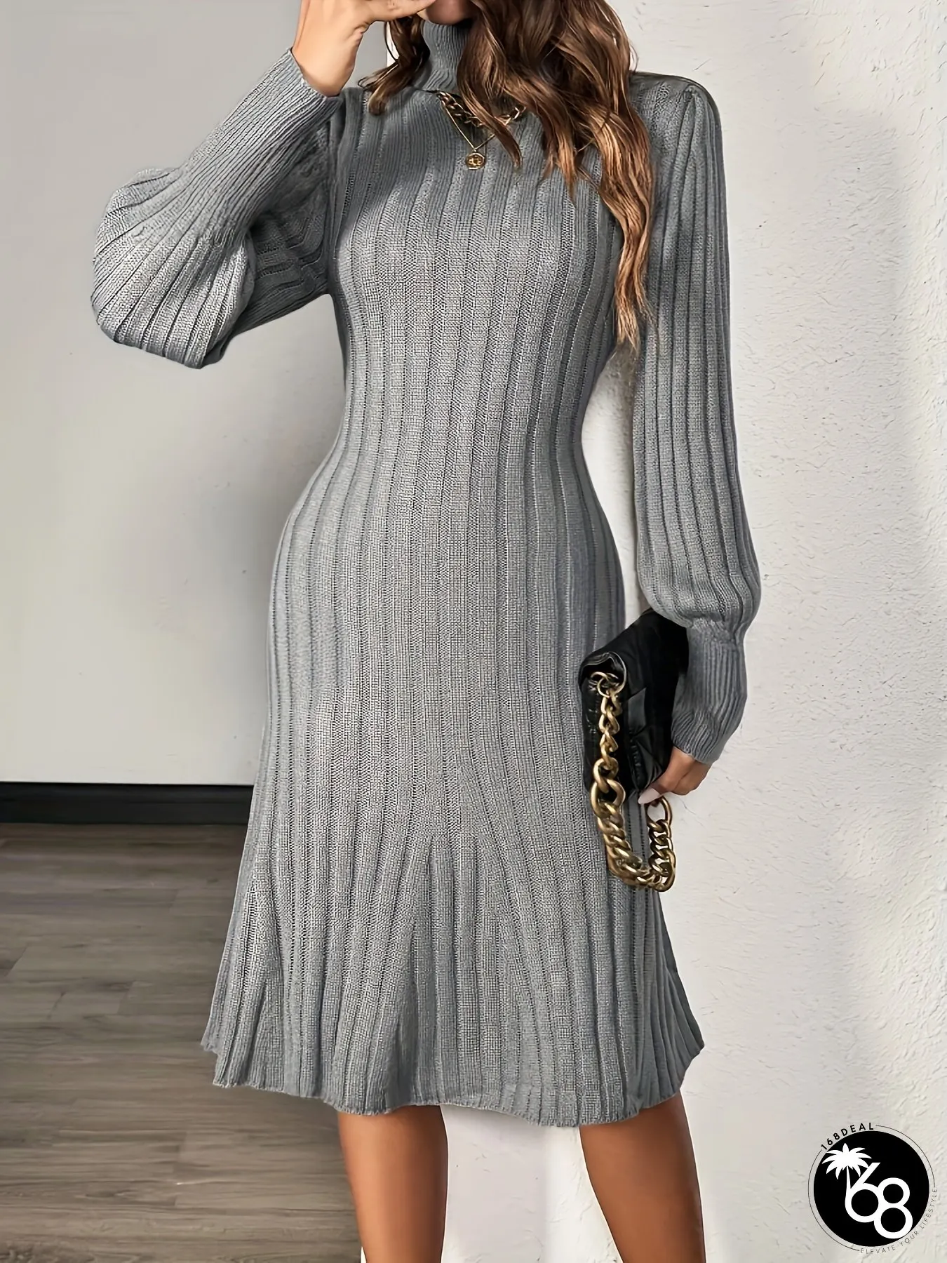 Autumn-Winter Women's Elegant Solid Ribbed Ruffle Hem Pullover Dress - Special Edition | 168DEAL