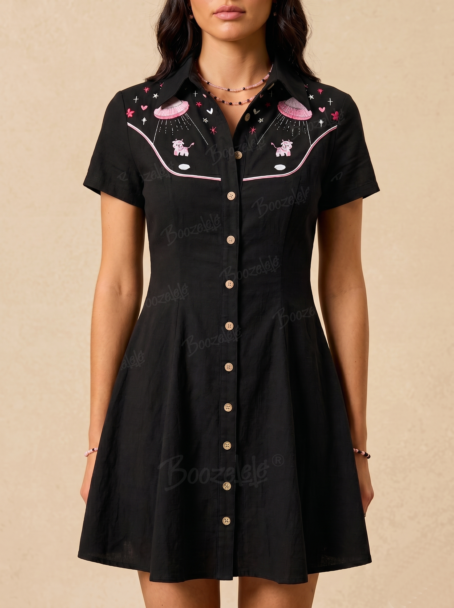 【Embroidery】UFO Captures Pink Cow  - 100% Cotton Dress