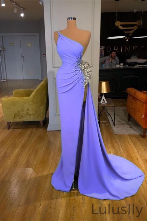 Luluslly One Shoulder Long Prom Dress Mermaid With Beads Slit