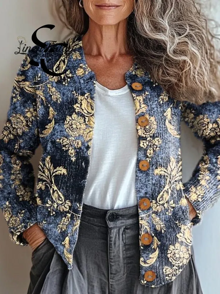 Women's Vintage Lovely Floral Art Print Buttoned Cardigan Sweater
