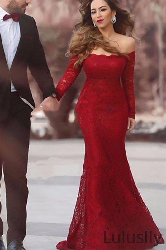 Luluslly Burgundy Long Sleeves Mermaid Evening Dress Off-the-Shoulder