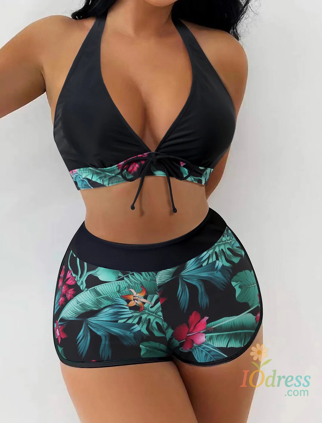 IO Dress Fashion Printed Swimsuit Women Spliced Lace Up Sporty Surfing Bikini Set Bathing Suit Beachwear Swimwear Female Swimming Suits