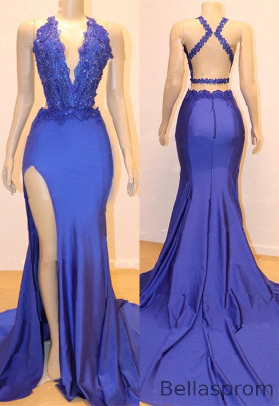 Bellasprom Blue V-Neck Mermaid Prom Dress Appliques With Slit Sleeveless Bellasprom