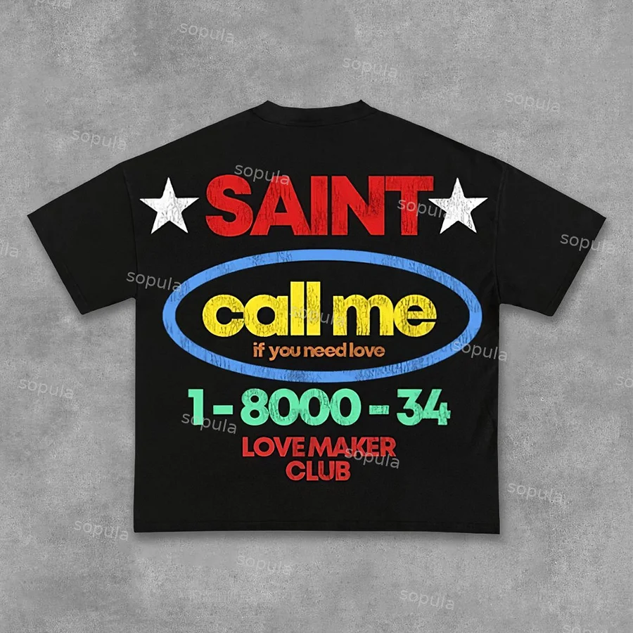 Sopula Vintage Saint Call Me If You Need Love Graphic Short T-Shirt