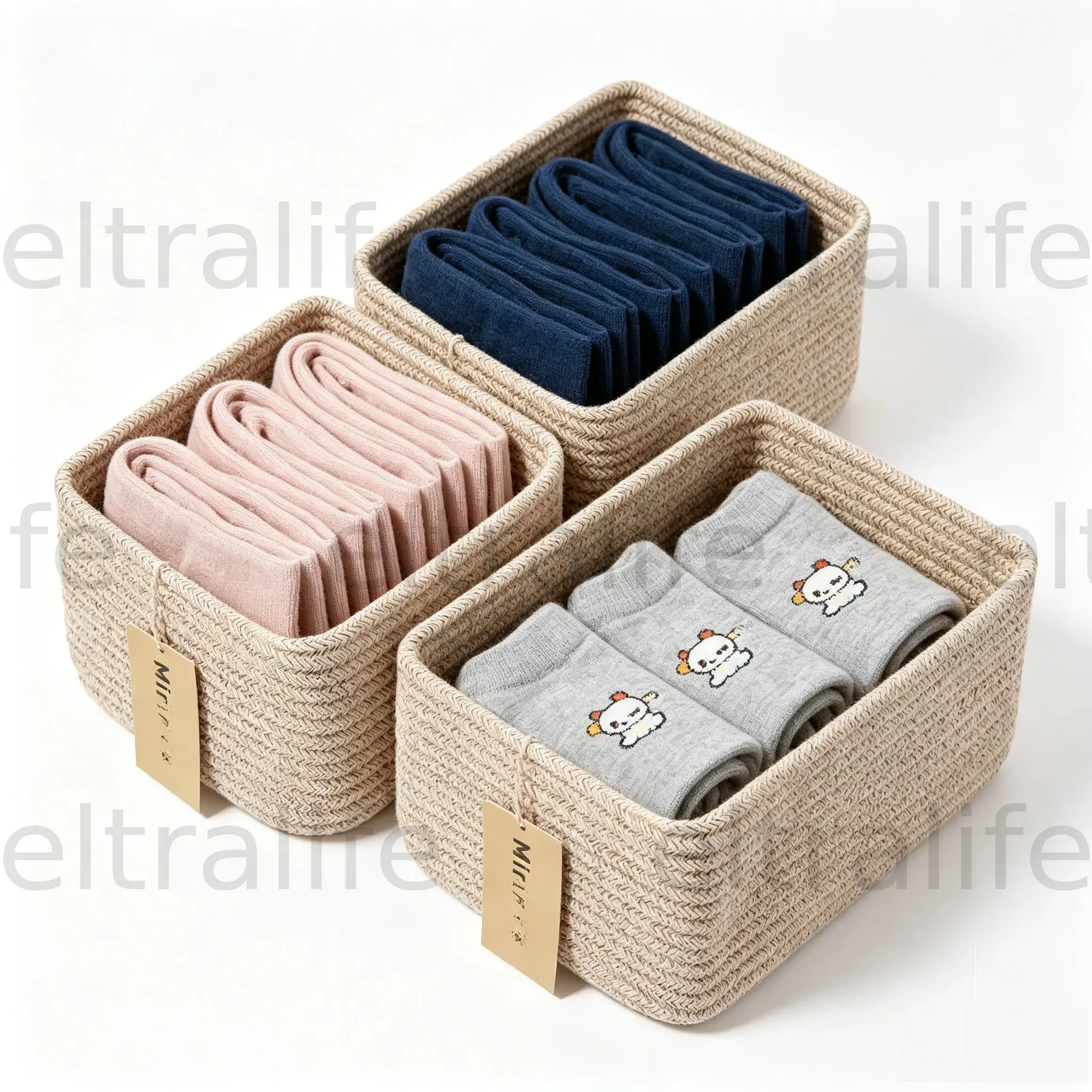 Pack of 3, Cotton rope storage basket, underwear and sock wardrobe storage basket, small item storage basket eltralife