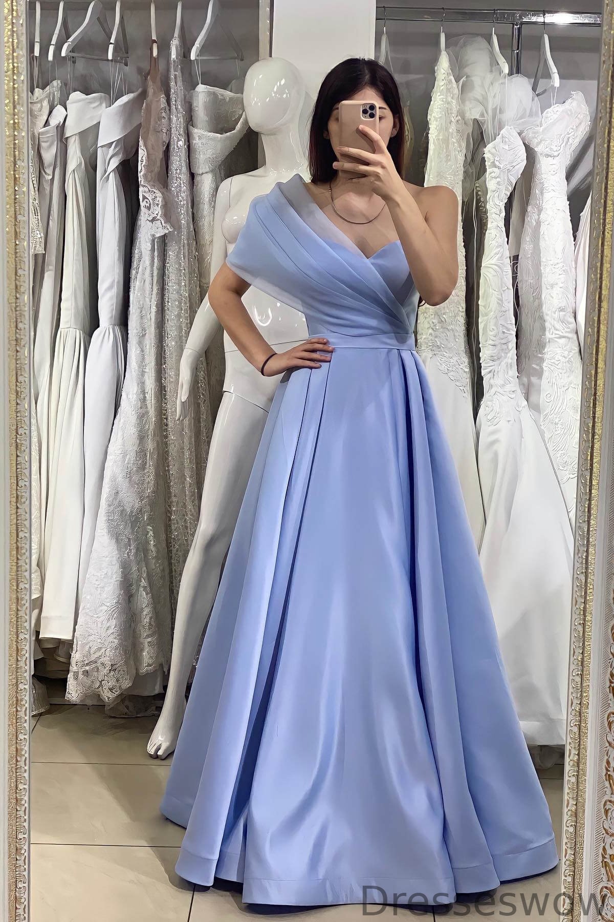 Dresseswow Light Blue One Shoulder Sweetheart Sleeveless A-Line Evening Dress Online