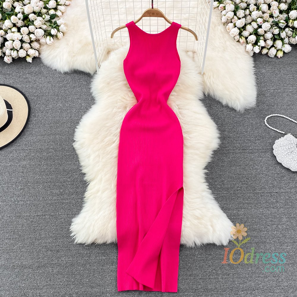 IO Dress YuooMuoo Women Dress Sexy Wrap Hips Two Sides Available Split One-Piece Long Dress Fashion Knot Knitted Bodycon Party Robe Femme IO Dress