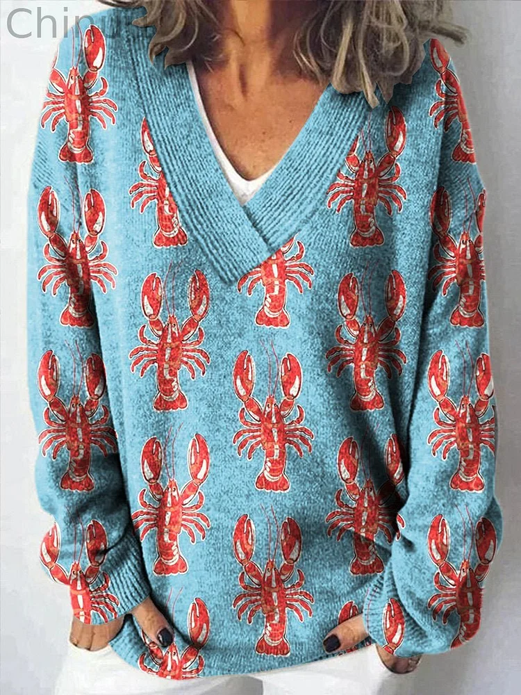 Lobster Repeat Pattern Printed Knit V-Neck Pullover Sweater