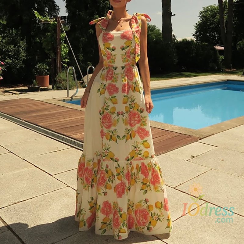 IO Dress 2025 Floral Print Off Shoulder Party Dress Elegant Bow Strap Pleated Long Dress Beach Sleeveless Suspender Casual Dress Vestidos IO Dress