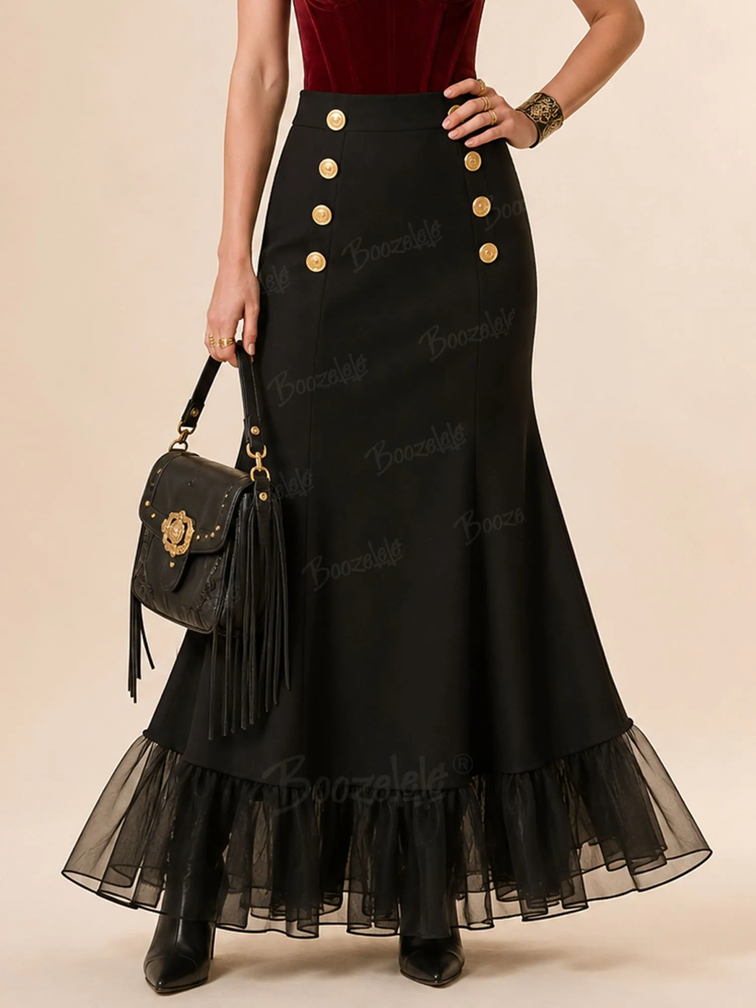 Perfect for Evening Galas &mdash; Black High-Waisted Mermaid Maxi Skirt, Gold Buttons, Tulle Hem, Elegant Skirt
