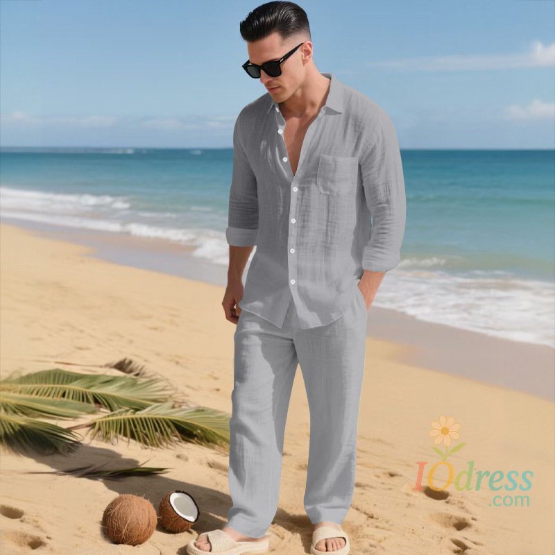 IO Menswear The 2026 Summer Men's linen short-sleeved shirt set is a two-piece long pants set suitable fordaily casual beach vacations 2Pcs IO Dress