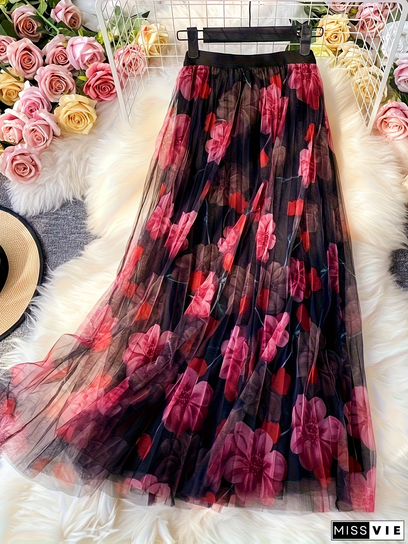 Elegant High-Waist Floral Print A-Line Skirt Women Stretchy Polyester With Pleated Detail