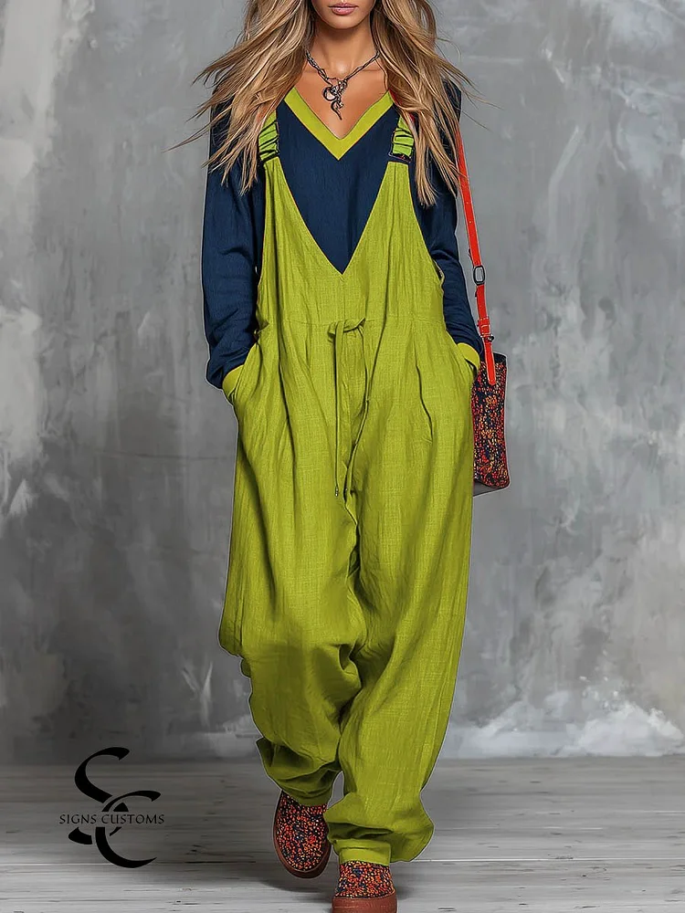 Women's Color-block Patchwork Round Neck Long-sleeved Casual Loose Top And Cotton And Linen Suspender Wide-leg Jumpsuit Set.