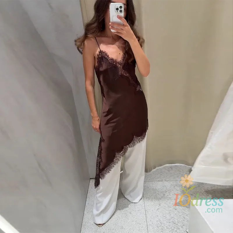 IO Dress Vintage Brown Lace Patchwork Women Dress Sexy Sleeveless Backless Female Dresses 2025 Summer Autumn Party Lady Robe New