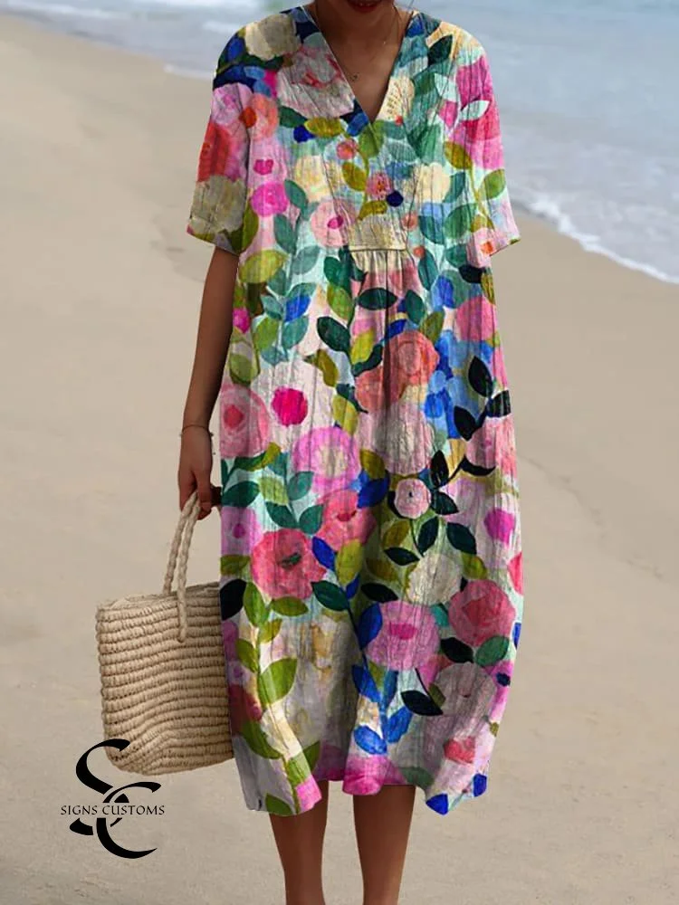 Colorful Spring Garden Floral Print Flowy Dress