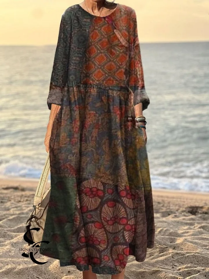 Women's Vintage Patchwork Artwork Print Cotton Pocket Dress