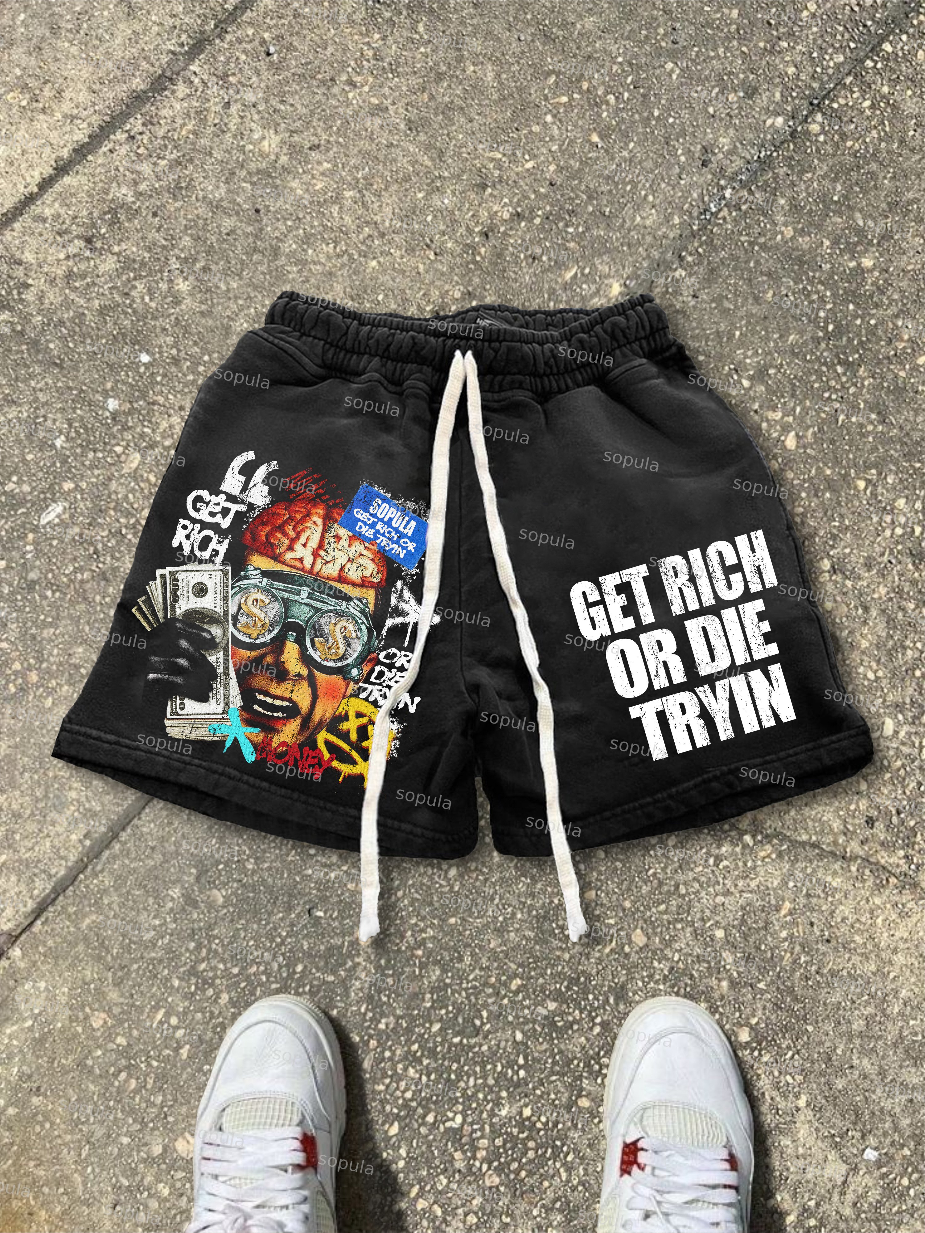 Sopula Get Rich Money Portrait Print Drawstring Shorts