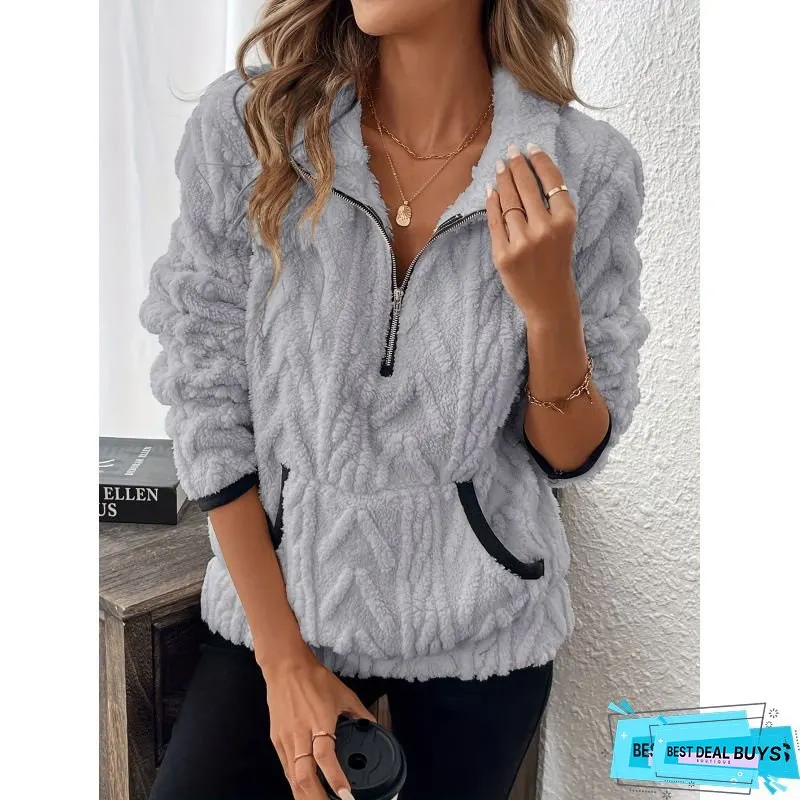 Womens Fleece Half-Zipper Sweater with Large Pocket Soft Warm Full-Zip Closure Machine