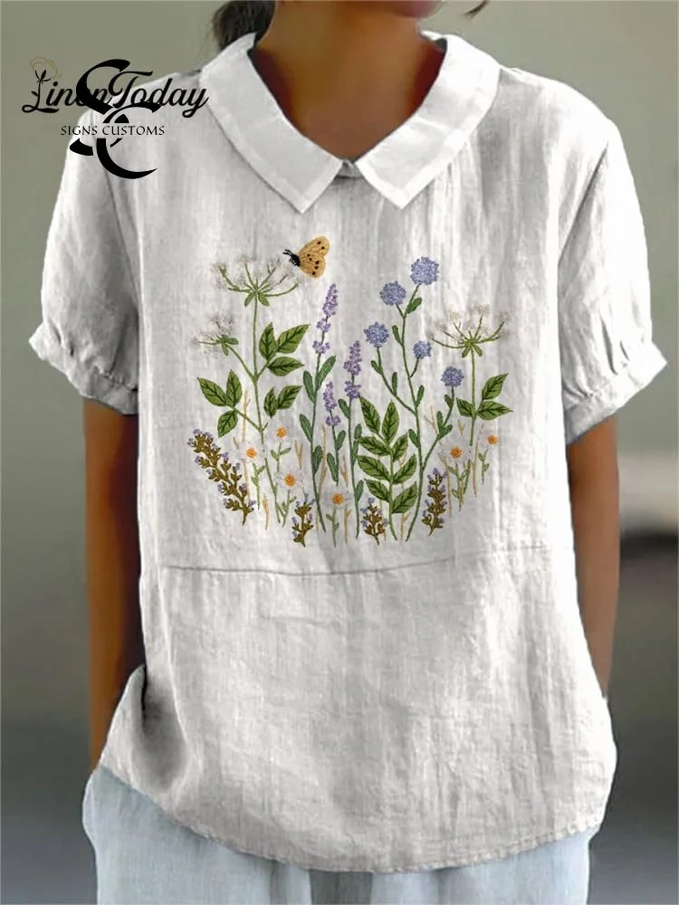 Embroidery Style Floral Bush Pattern Printed Women's Casual Cotton And Linen Shirt