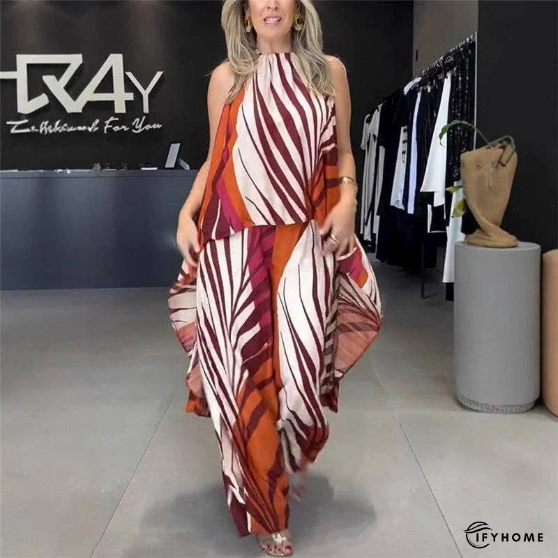 Stylish 2-Piece Set- Printed Sleeveless Top With Wide Leg Pants | IFYHOME