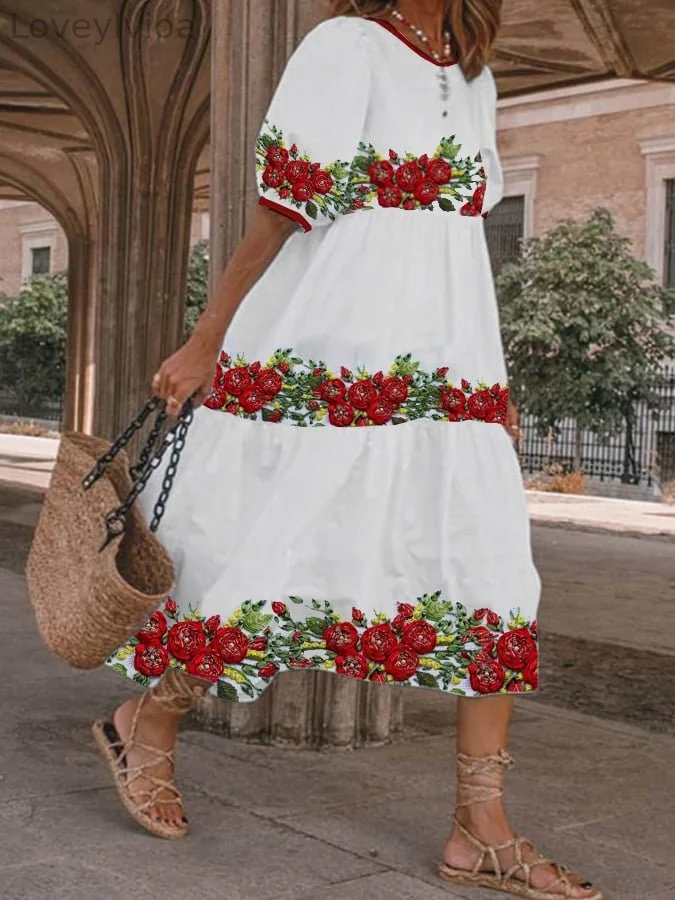 Women's Three-Dimensional Floral Print Lantern Sleeve Dress