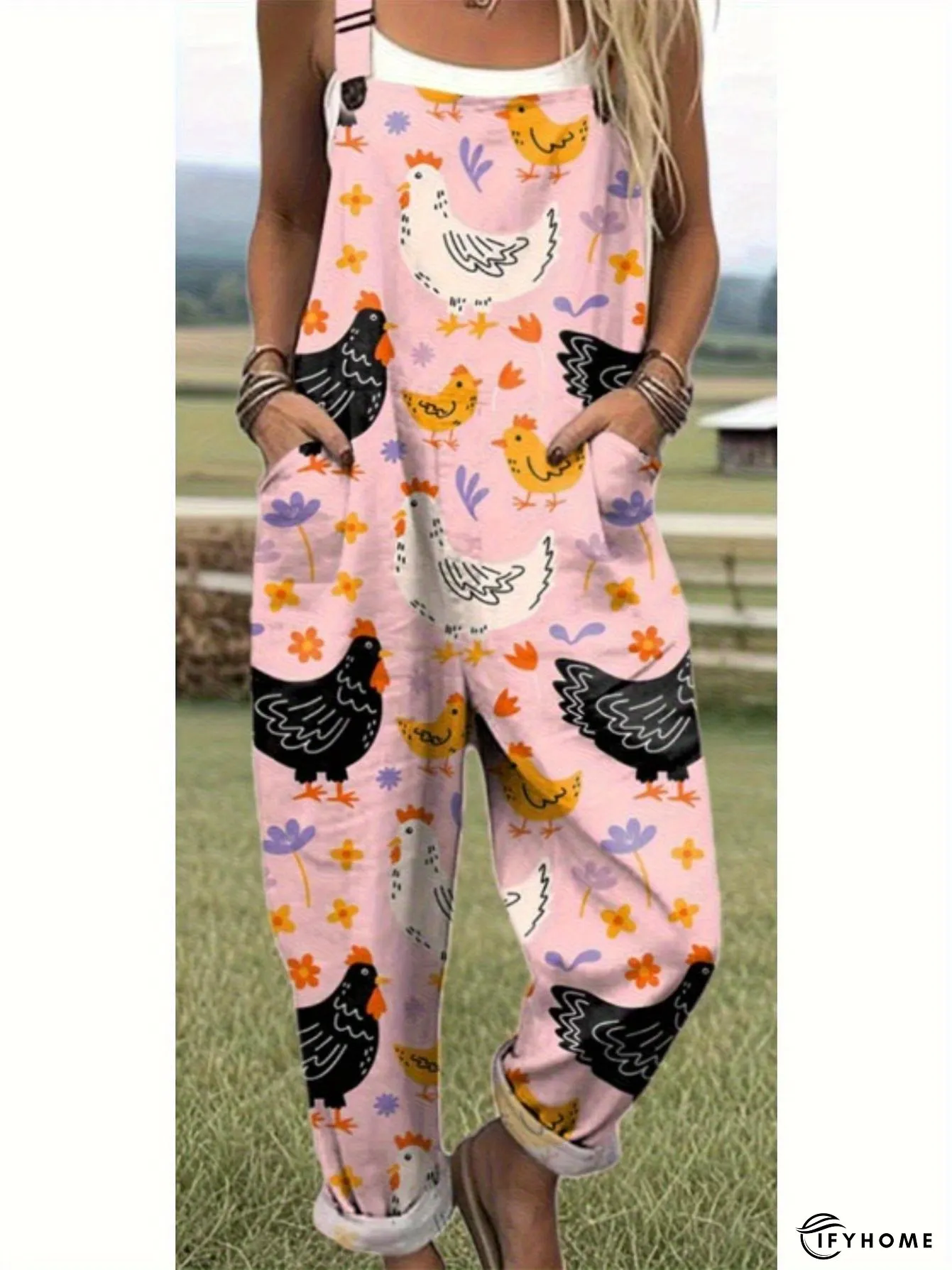 Womens cute chicken print overalls sleeveless a-line romper back strap pocket breathable | IFYHOME