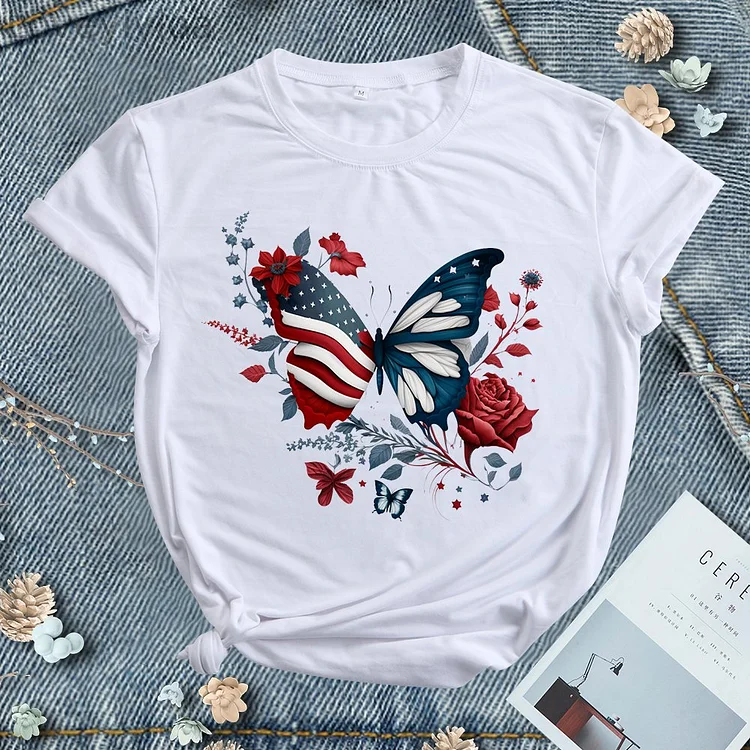 Independence Day Butterfly Flower Round Neck T-shirt - BSP0011