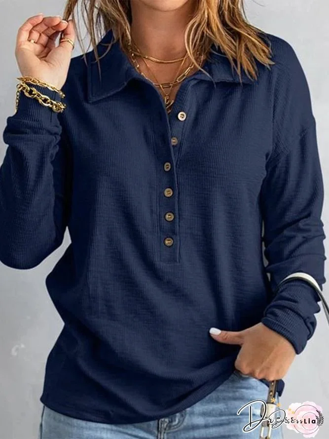 Women's Elegant Slim-Fit Long Sleeve Tunic Top - Short Length Round Neck Shirt with Button Closure, All-Season Layering Essential in Navy Blue & Solid Colors | Versatile Casual to Formal Wear | Tailored Fit for Daily Outfits & Special Occasions
