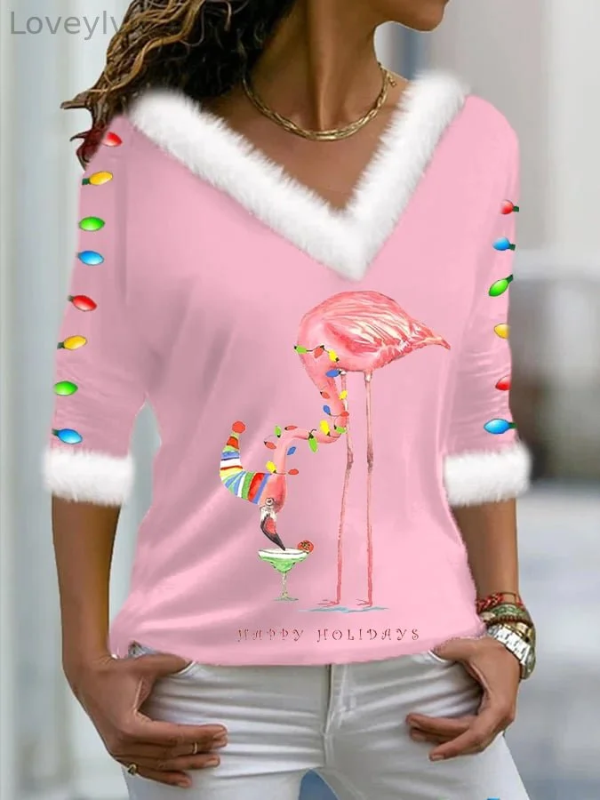 Women's Merry Christmas Christmas   Flamingo Happy Holiday Print V-Neck Fleece Top