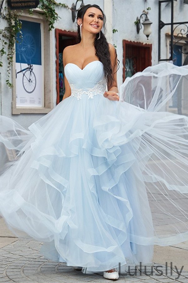 Luluslly Baby Blue Sweetheart Tulle Prom Dress Long With Applique