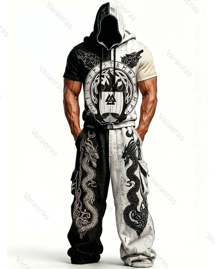 Men's Fashion Viking Contrast Color Embroidered Hoodie & Pants Two-Piece Set 1200