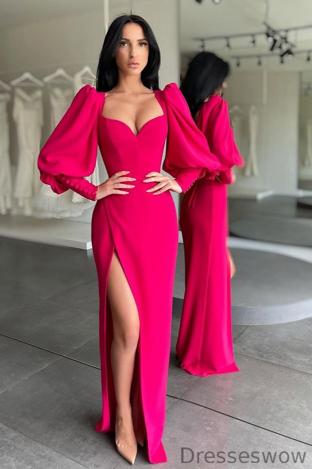 Dresseswow Fuchsia Long Sleeve Sweetheart Prom Dress Split Party Gowns