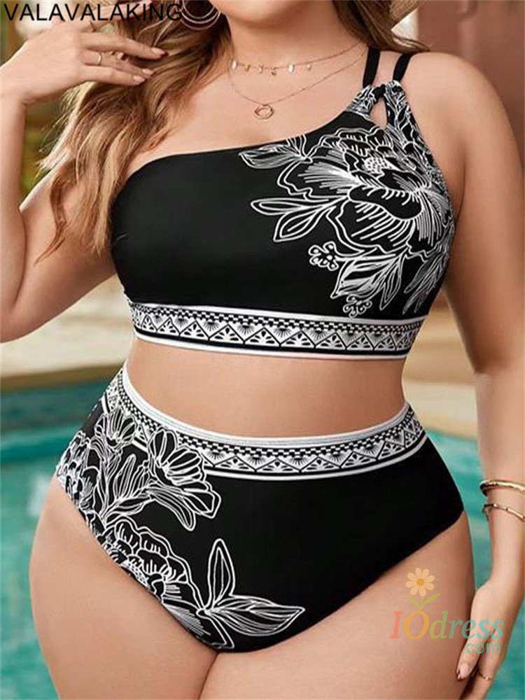 IO Dress 2025 Print One-shoulder Two Piece Plus Size Bikini Women High Waist Large Swimsuit Lady Chubby Swimwear Beach Curvy Bathing Suit