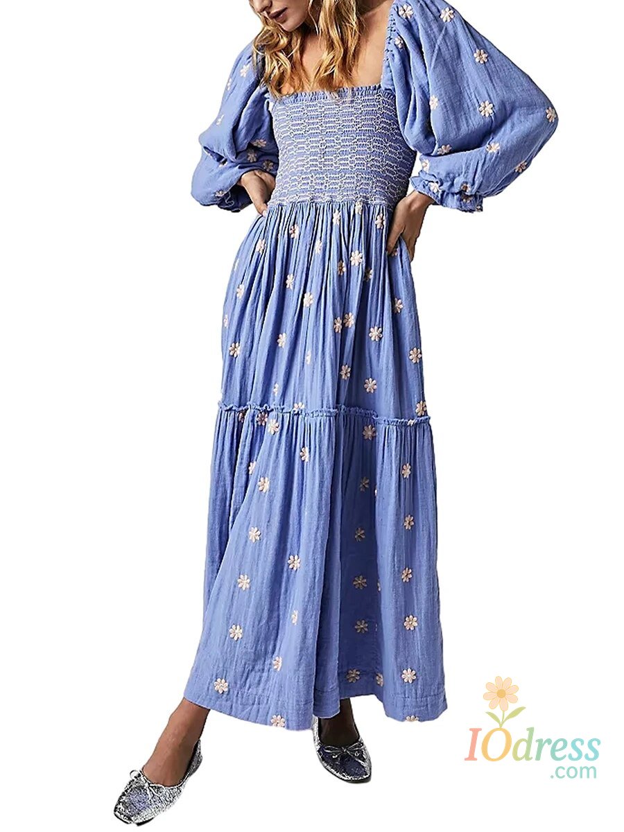 IO Dress Women's Flower Embroidered Long Dress Bodycon Lantern Sleeve Square Neck Tiered Flowy Dress Bohemian Summer Beachwear Dresses
