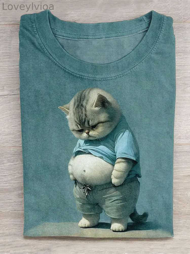 Funny Fat Cat Art Design Print T-shirt