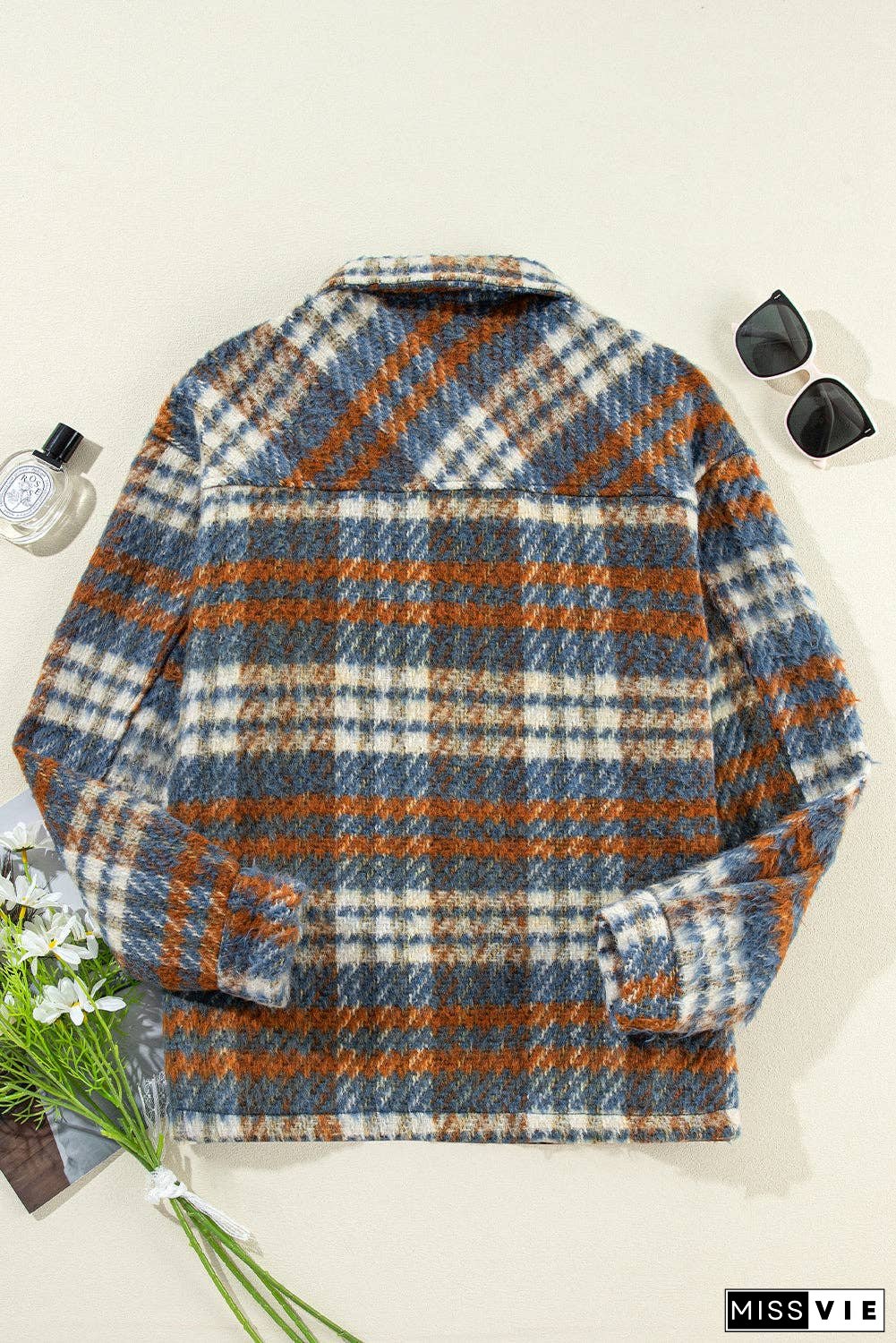 Plaid Collared Neck Jacket with Chest Pockets