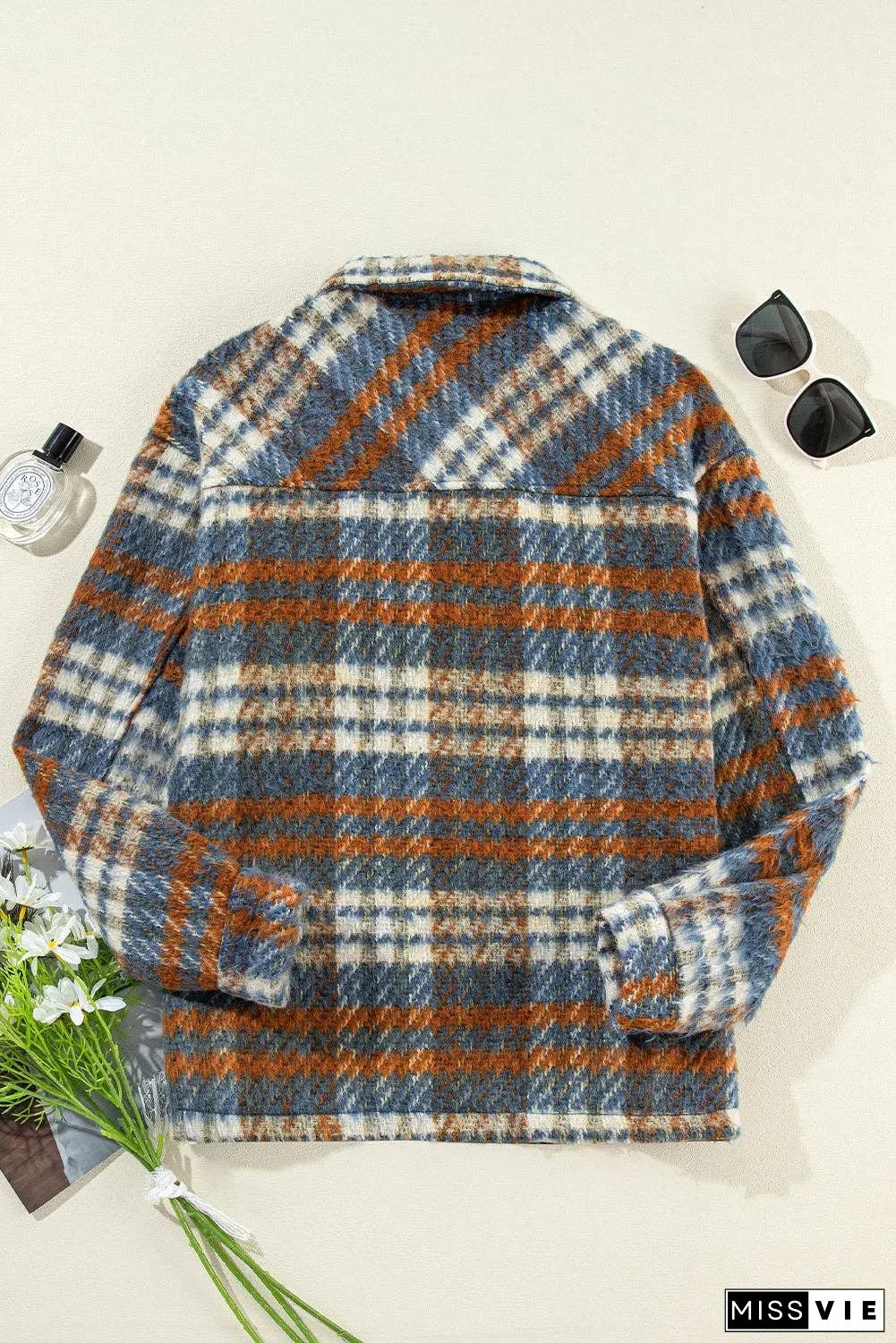 Plaid Collared Neck Jacket with Chest Pockets