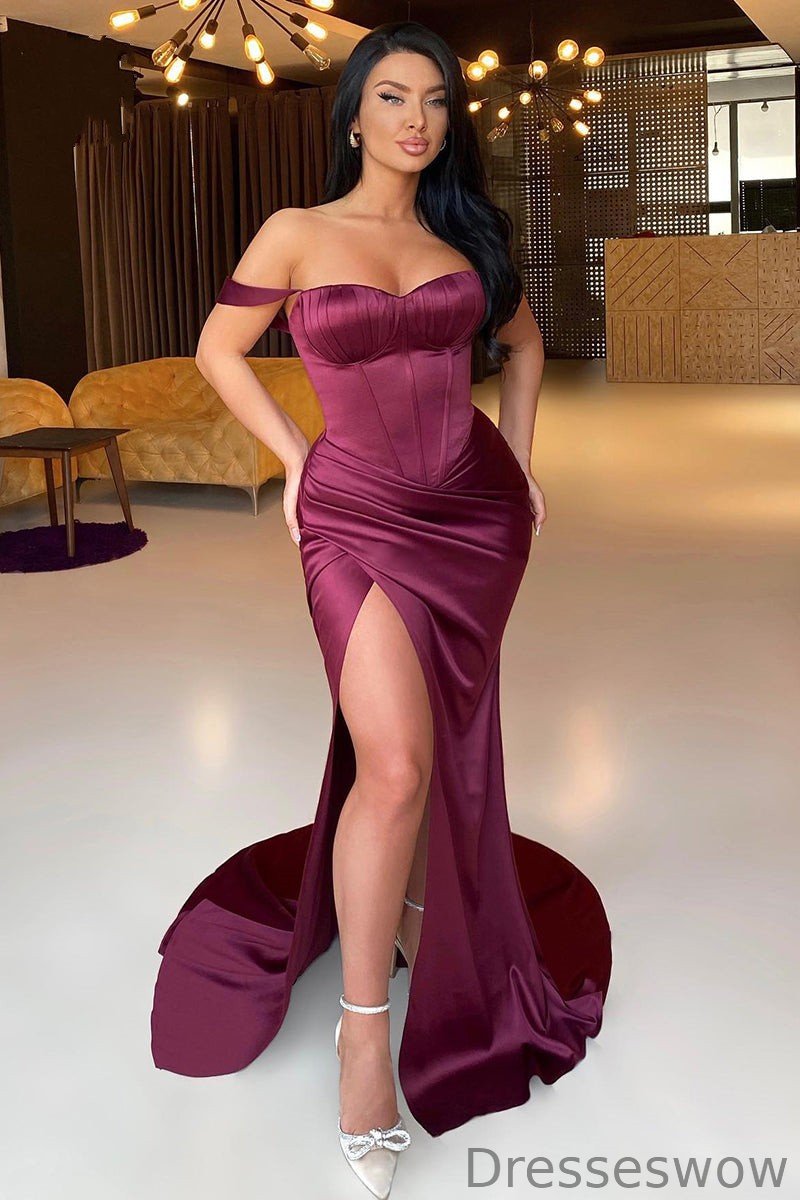 Dresseswow Grape Off-the-Shoulder Prom Dress Mermaid Split Long Sweetheart