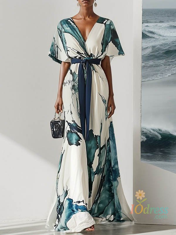 IO Dress Freeacy Watercolor Printed Elegant Maxi Dress for Women 2025 Summer V-neck Lace-up Waist Batwing Sleeves Pleated Party Dresses IO Dress