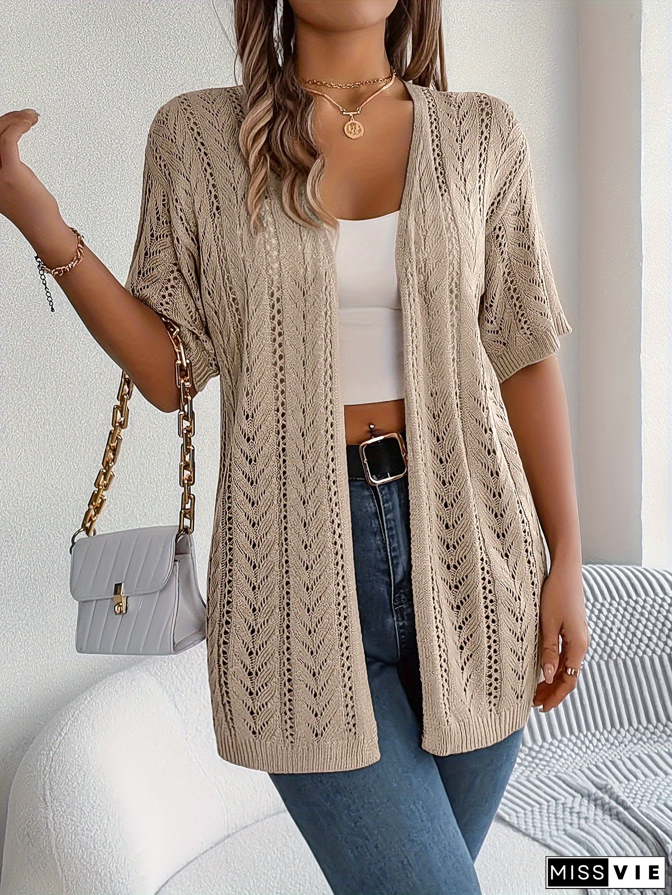 Lightweight Womens Cardigan Open Front Short Sleeve Semi-Sheer Cover-Up With Moderate