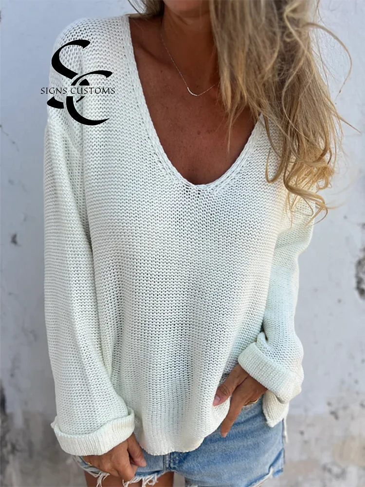 Women's Loose V-neck Knitted Sweater