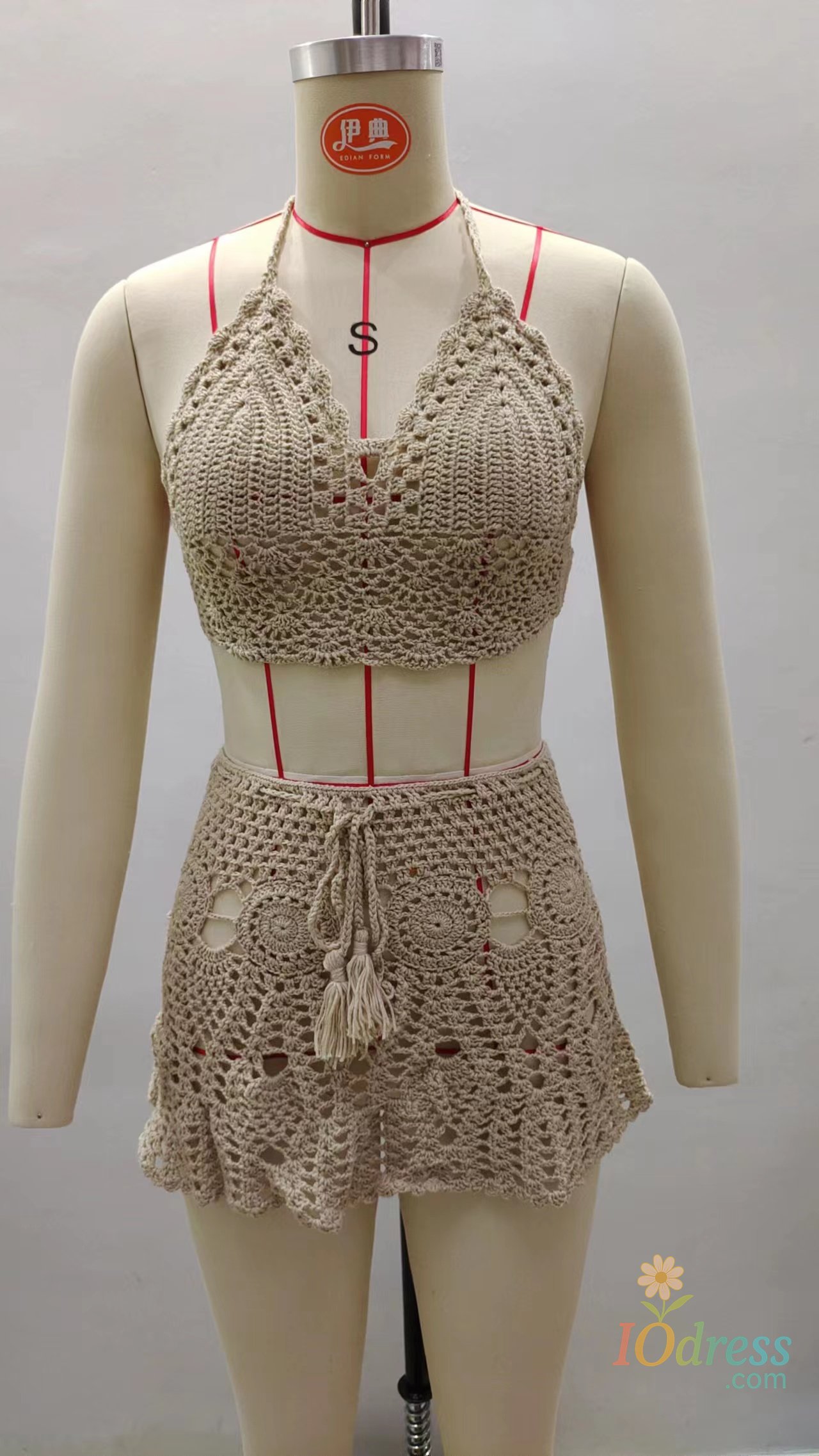 IO Dress CROCHET BIKINI Two-piece Crochet Women Bikini Set Cover Up Swimsuit Swim Skirt Swimwear Bathing Swimdress Beachwear