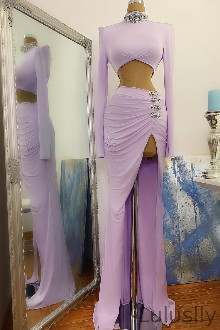 Luluslly Long Sleeves HIgh Neck Prom Dress Mermaid With Beads