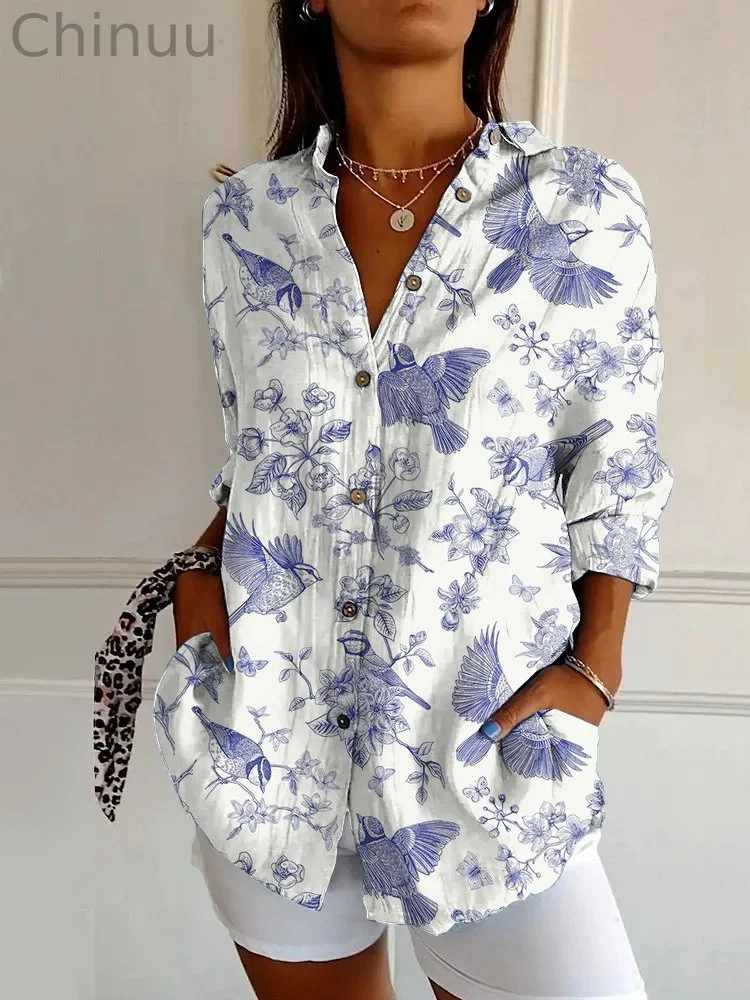 Casual Floral and Bird Print Casual Long Sleeve Shirt