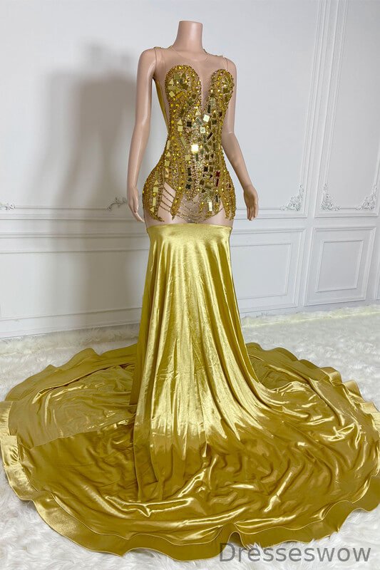 Dresseswow Gold Scoop Mermaid Prom Dress With Beadings Sleeveless Online