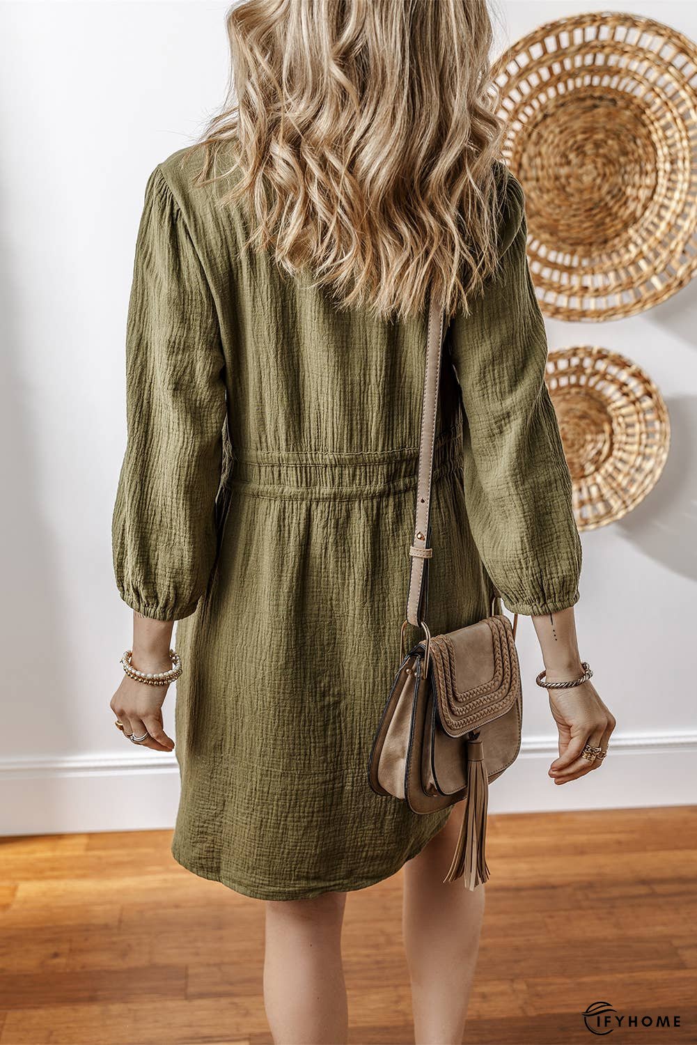 Textured Bracelet Sleeve Collared Dual Tied Mini Dress | IFYHOME